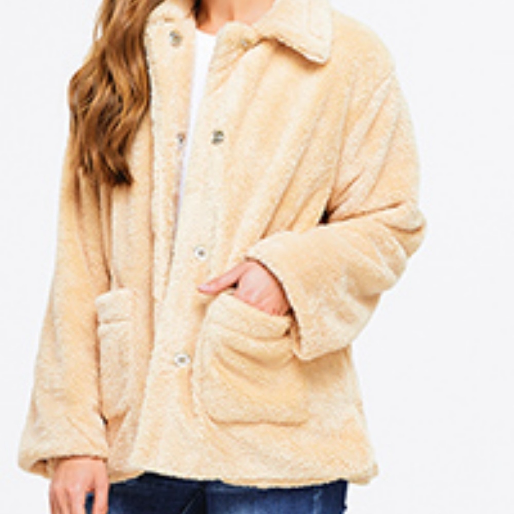 NWT Beige Long Sleeve Fleece Coat w/Pockets, Large - Picture 2 of 2